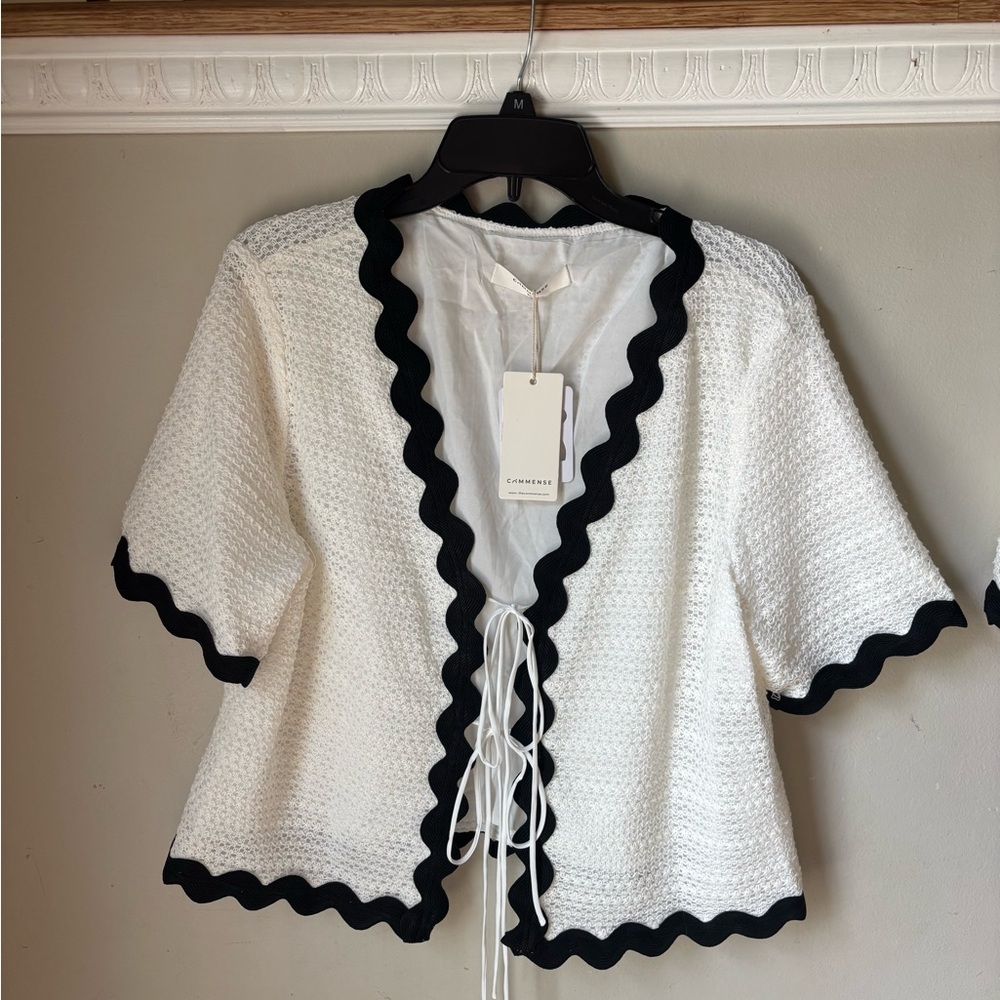 Chic White Cardigan and Matching Shorts with Black Trim
